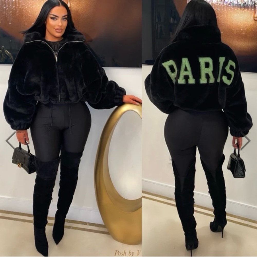 PoshByV Paris faux fur jacket (Black/green) size S/M - Picture 2 of 5